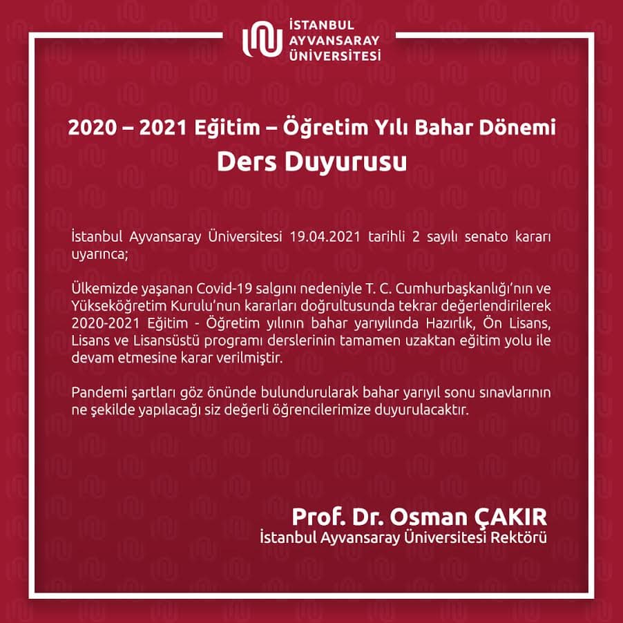 2020-2021 Eğitim-Öğretim Yılı Bahar Dönemi Ders Duyurusu Hk. İstanbul Topkapı Üniversitesi