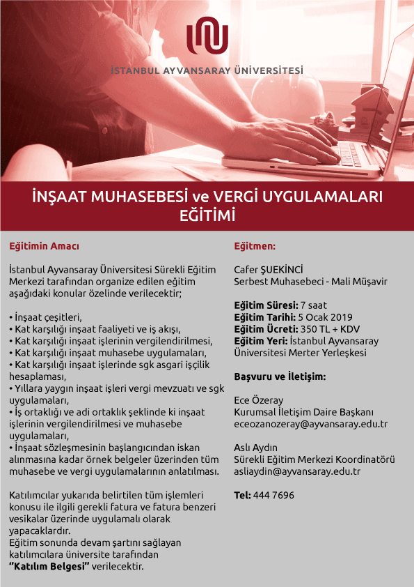 İnşaat Muhasebesi ve Vergi Uygulamaları Eğitimi Hk. İstanbul Topkapı Üniversitesi